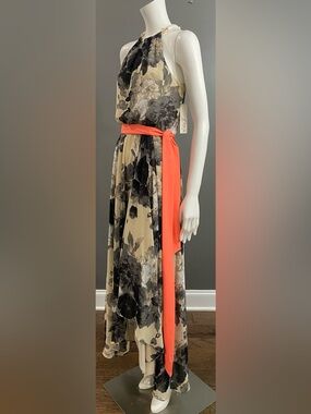 NWT Eliza J Floral Halter Maxi Dress with Belted Coral Sash Size 8